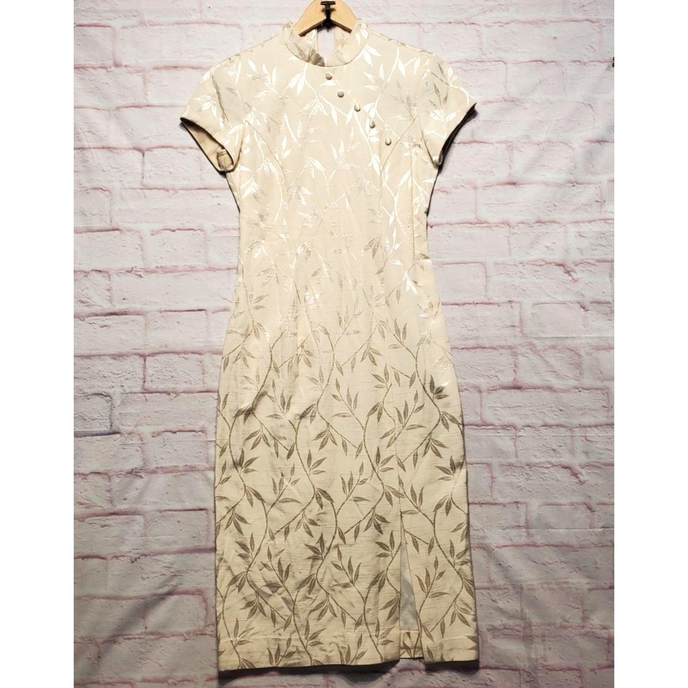 VTG P.J. Klein Dress Womens 6 Cream Floral Jacquard Sheath Mandarin Collar‎ 90s
